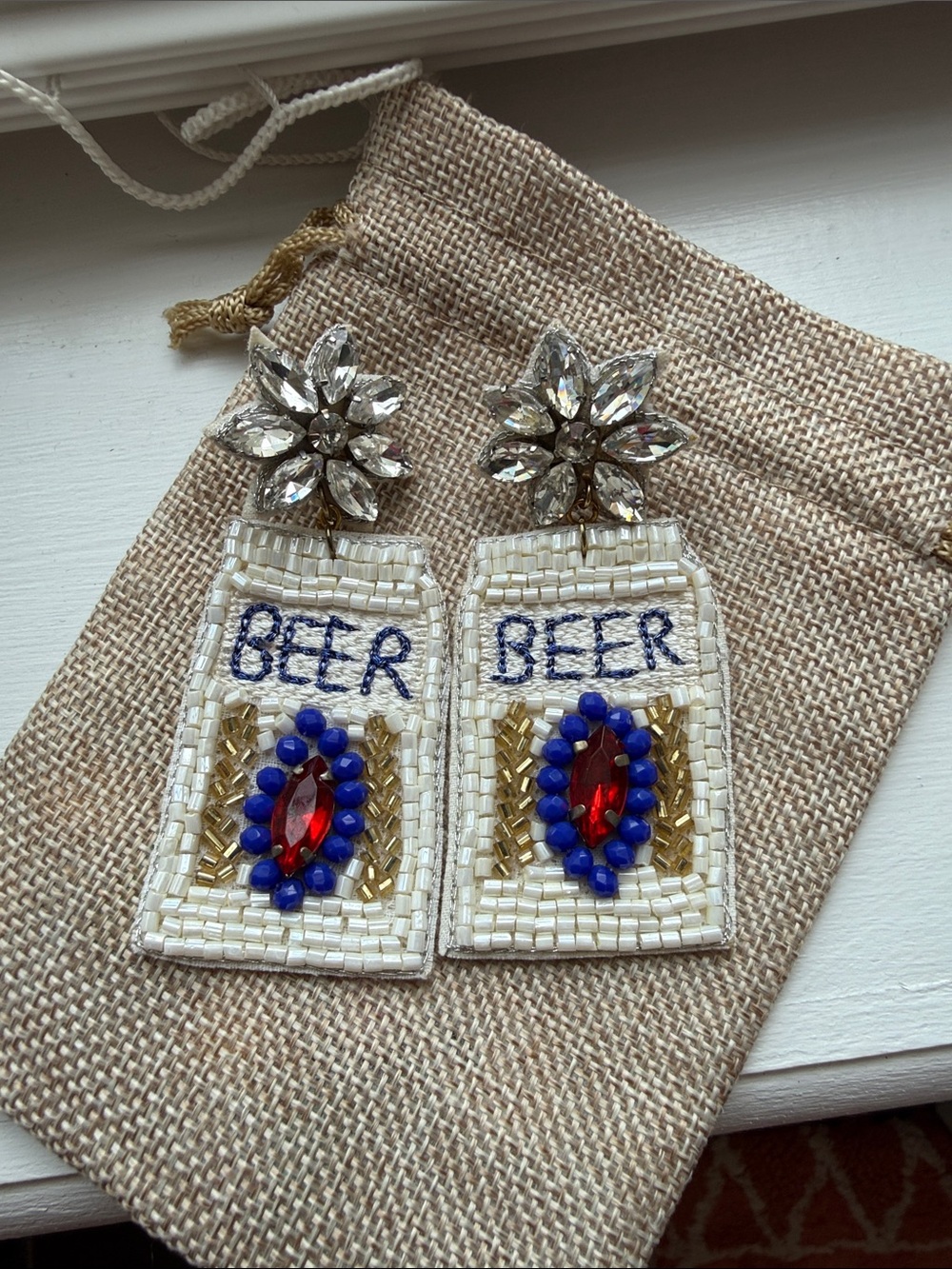 Hand-Beaded 'Beer' Statement Earrings in White with Red & Blue Accents
